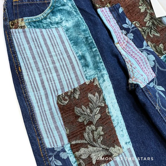 BDG Patchwork Velvet Jacquard High Waisted Wide Leg Blue Jeans - Picture 11 of 15